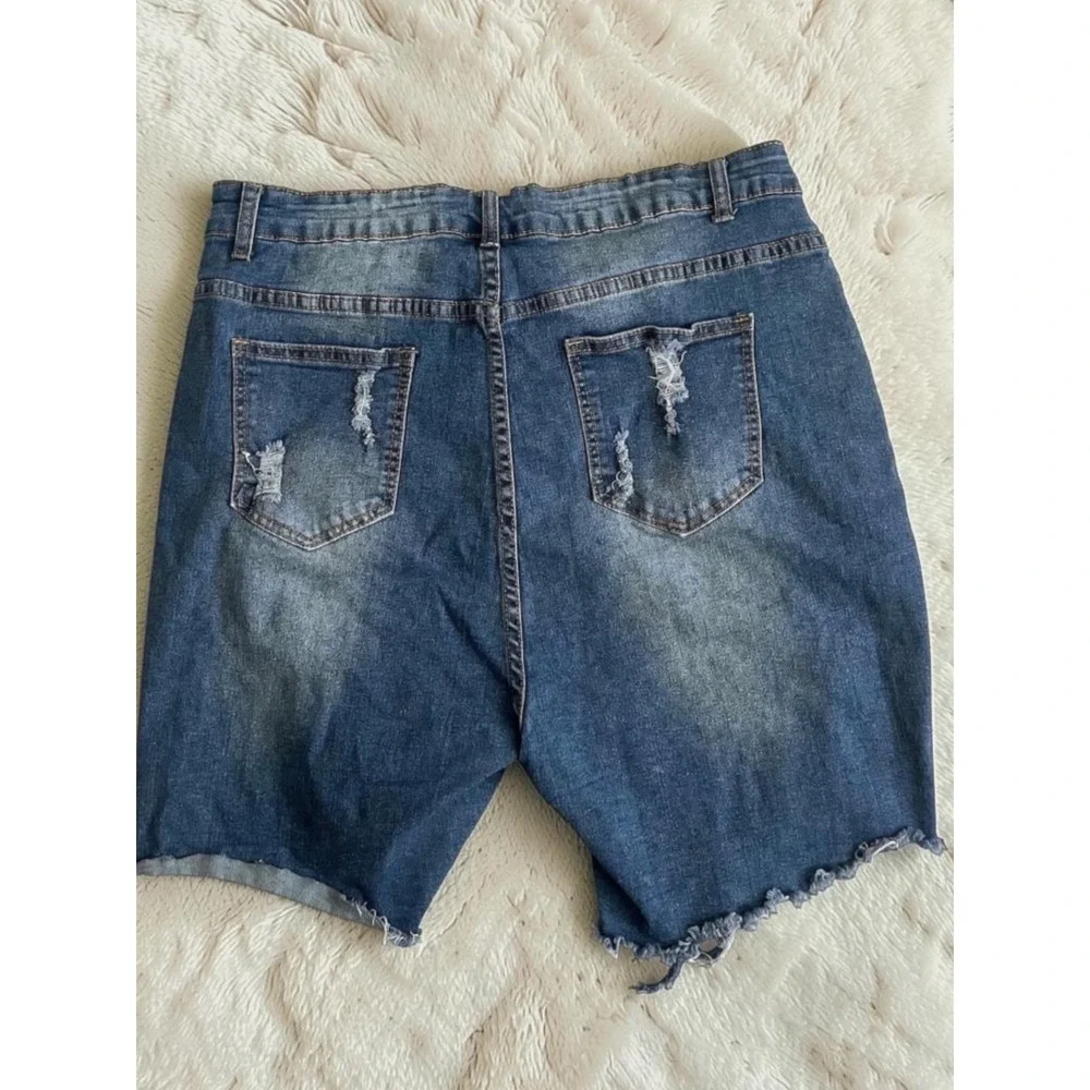 Distressed Raw Hem Stretch Denim Shorts Size 2XL